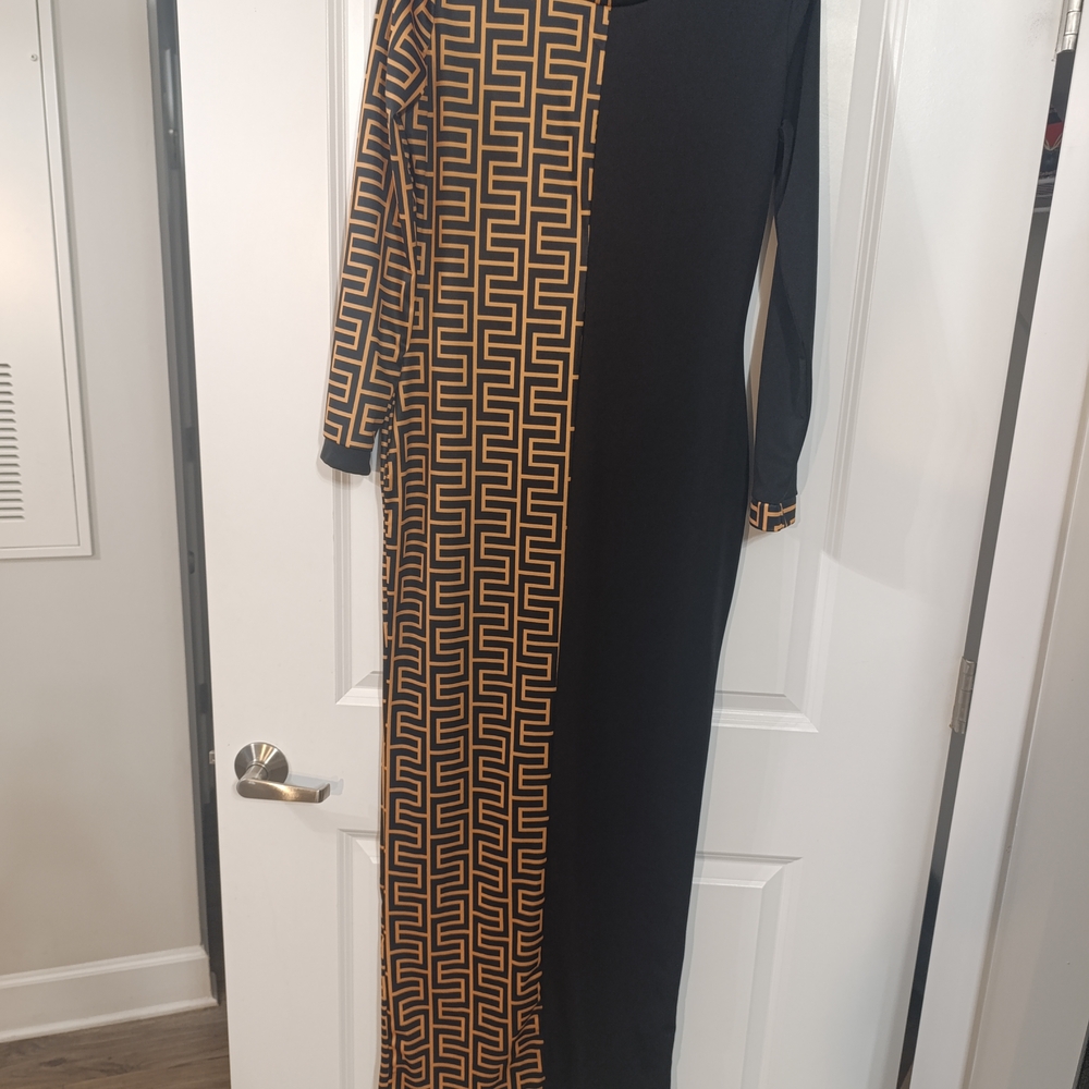 SHEIN Black and Gold Geometric Long Sleeve Dress